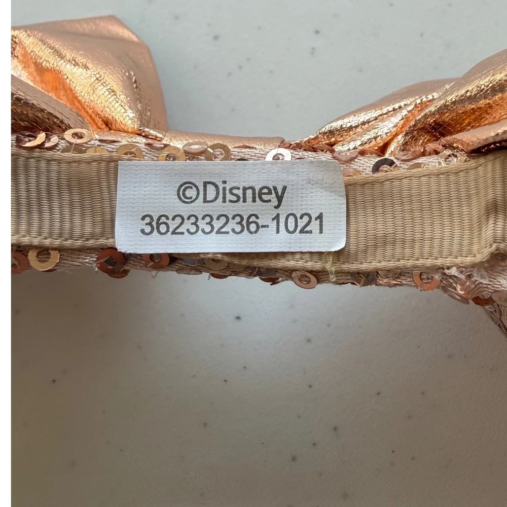 Disney Parks Minnie Mouse Rose Gold Sequin Ears Headband Metallic Bow Accessory
